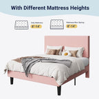 Allewie Queen Size Upholstered Bed Frame with Vertical Channel Tufted Headboard, Soft Corduroy Fabric Platform Bed, Strong Wooden Slats Support, Easy Assembly, No Box Spring Needed, Light Pink