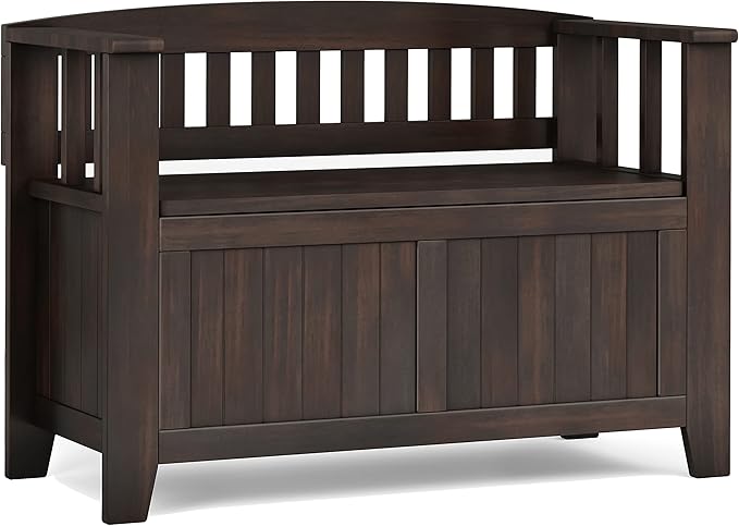 SIMPLIHOME Acadian Entryway Storage Bench - 36 inch Wide Solid Wood Small Hallway Seat in Brunette Brown, Transitional Bench for Mudroom with Lift-Up Lid, 2 Compartments and Slatted Backrest