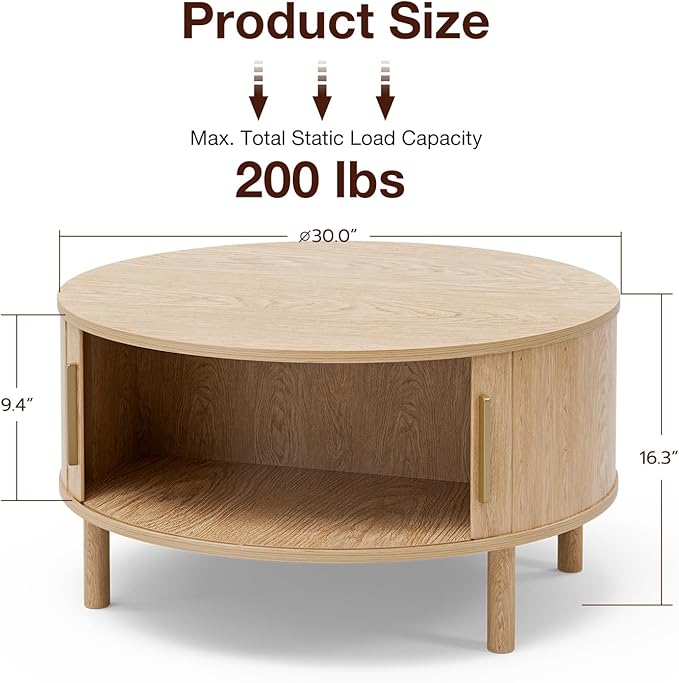 Coffee Table for Living Room, Modern Round Coffee Table with Cabinets & Sliding Doors, Home Small Space, 29.9" Fluted Center Table, Natual