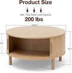 Coffee Table for Living Room, Modern Round Coffee Table with Cabinets & Sliding Doors, Home Small Space, 29.9" Fluted Center Table, Natual