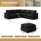 Modern Sectional Linen Couch for Living Room V-Shape Sofas,6 Seat Modular Cloud Sofas with Ottoman,Couches Cushion Covers Removable,Cozy Feather Down Sofa for Apartment Black