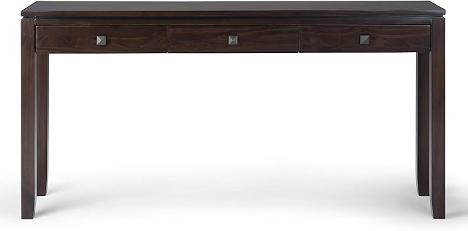 SIMPLIHOME Cosmopolitan Console Table - 60 Inch Wide Solid Wood Sofa Table in Mahogany Brown, Contemporary Storage Table for Entryway or Living Room with 3 Drawers, Square-Edged Top, and Tapered Legs