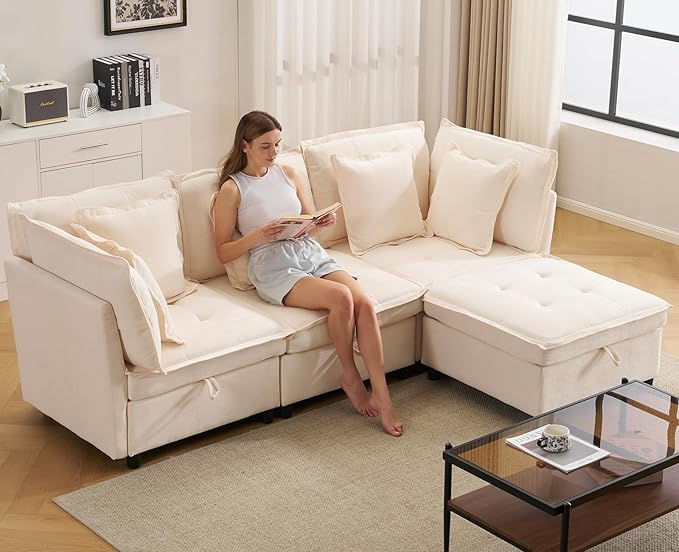 103" Modular Sectional Sofa, L-Shaped Corduroy Comfy Sectional Couches for Living Room, 3-Seater Cloud Couches with 1 Ottoman, Modern Deep Seat Sofa with Large Storage, Beige