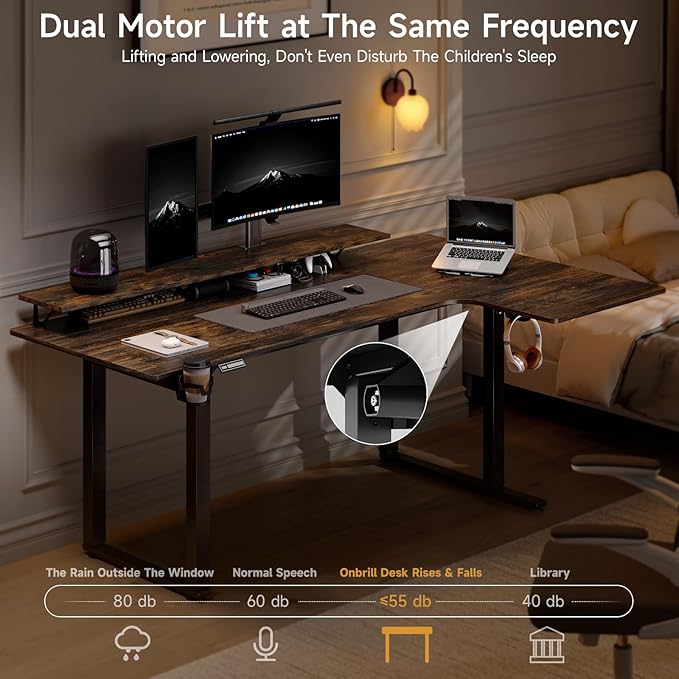 ONBRILL L Shaped Standing Desk, 71x43 Inch Electric L Stand Up Desk with 2 Adjustable Monitor Shelves and Dual Motor, Adjustable Height from 28-46'' for Home and Office, Rustic Brown