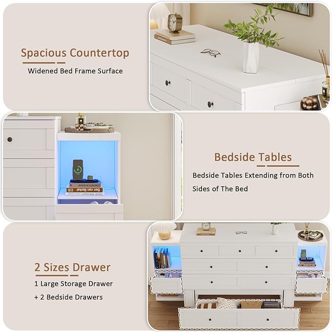 Full Size Murphy Bed with Bedside Tables,Full Size Foldable Cabinet Bed Frame with Charging Station & Drawer,Murphy Bed Chest with Adjustable LED Light for Bedroom,Guest Room,White