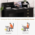4 EVER WINNER Black Desk with Drawers, Small Desk with File Drawer and Monitor Stand, Computer Desk with Storage, Writing Desk for Bedroom Home Office, Black