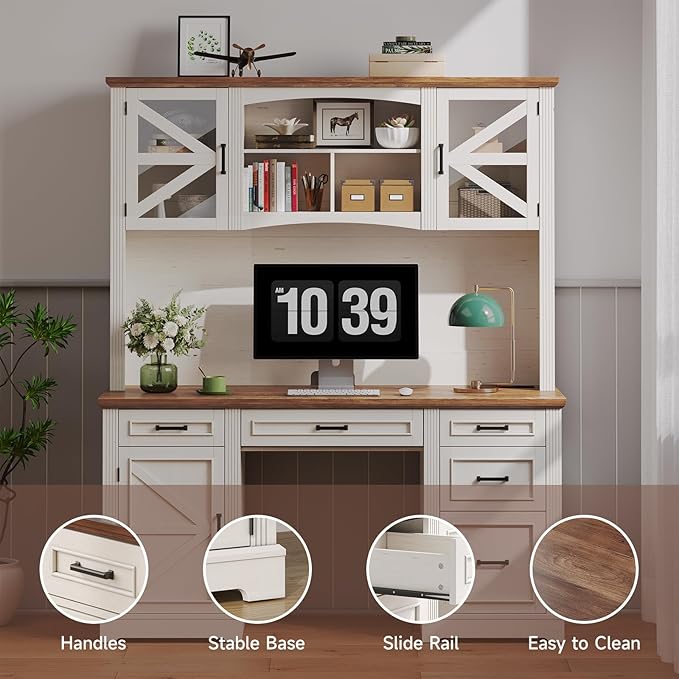 ONBRILL 72" H Farmhouse Executive Desk with Hutch, Office Desk, Computer Desks with Charging Station, Computer Workstations with 5 Drawers and Storage Cabinet for Home, Office, Off White & Walnut