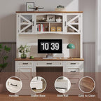 ONBRILL 72" H Farmhouse Executive Desk with Hutch, Office Desk, Computer Desks with Charging Station, Computer Workstations with 5 Drawers and Storage Cabinet for Home, Office, Off White & Walnut