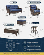 HILLGA Luxury Patio Furniture Set with 6-Inch Thick Cushions, High Back Outdoor Swivel Rocker Chairs and Patio Couch, 11-Piece All Weather Conversation Set for Porch Deck Pool Yard, Blue (V3)