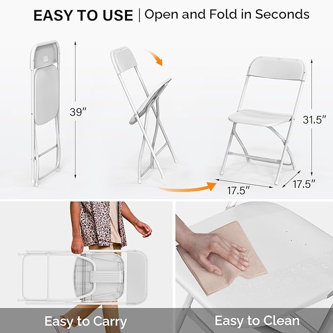 VINGLI 8 Pack White Plastic Folding Chair, Indoor Outdoor Portable Stackable Commercial Seat with Steel Frame 350lb. Capacity for Events Office Wedding Party Picnic Kitchen Dining