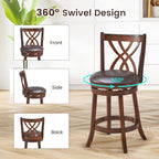 COSTWAY Bar Stools Set of 2, 360° Swivel Chairs with Rubber Wood Frame, 26 Inches PU Leather Cushioned Seat and Footrests, for Kitchen Island, Dining Room, Bar (Brown-26 inches, 2 stools)