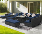 NICESOUL 13 Piece Outdoor Couch with Firepit Table, Durable Hevy Duty Wicker Patio Furniture with Lounger, Big Large Sectional 10-Seats with Long Propane/Natural Gas Firepit and Chaise, Gray&Navy Blue