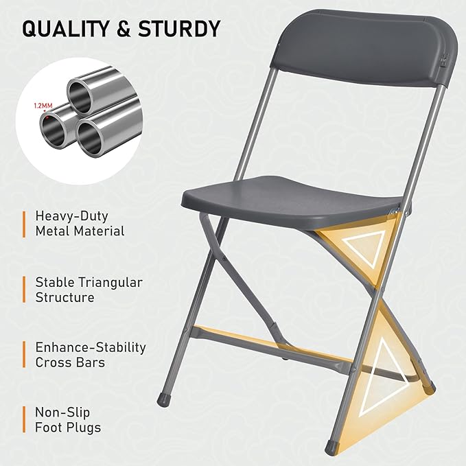 SEALAMB Plastic Folding Chairs 10 Pack, Gray Commercial Portable Indoor/Outdoor Chairs for Home Office, Wedding, Events Parties with Steel Frame, 350lbs Capacity (Gray-Plastic, 10 Pack)