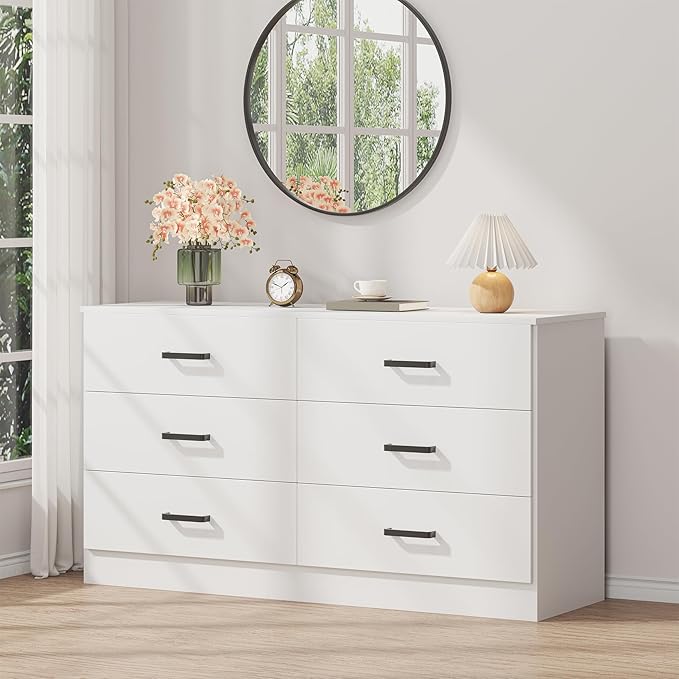 Bigbiglife Wood Dresser for Bedroom, 6 Drawer Double Dresser, Modern Chest of Drawers with Deep Drawers, Large Storage Organizer for Living Room, Closet (White)