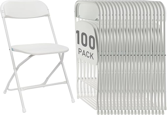 100 Pack White Plastic Folding Chairs, Portable Party Chairs, Stackable Commercial Seats with Steel Frame for Home Office Wedding Party Indoor Outdoor Events Chairs, 350lbs Capacity