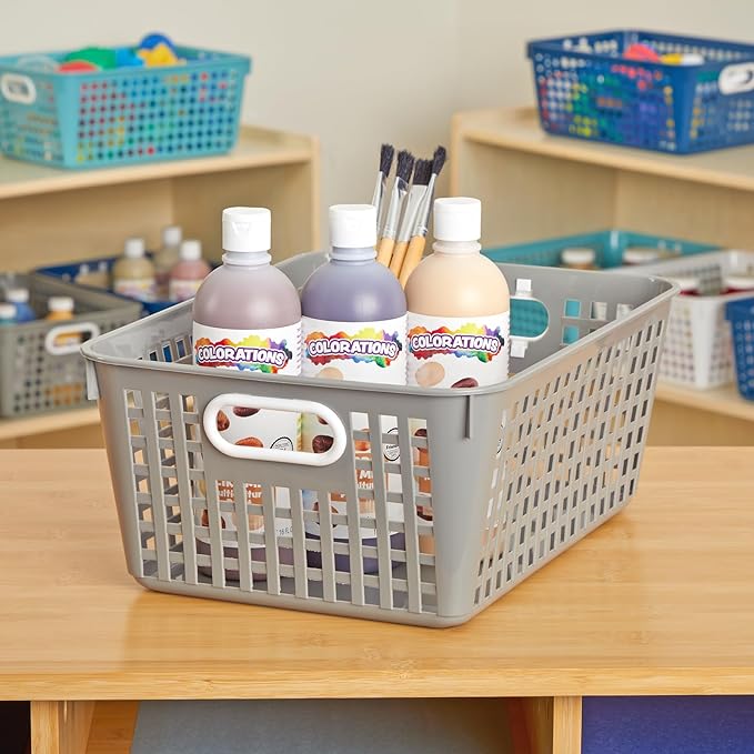 Really Good Stuff - 160016PE Multi-Purpose Plastic Storage Baskets for Classroom or Home Use - Stackable Mesh Plastic Baskets with Grip Handles 13" x 10" (Pebble - Set of 12)