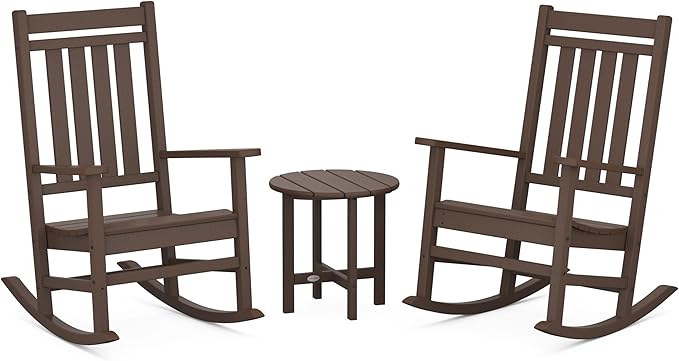 POLYWOOD Estate 3-Piece Rocking Chair Set, Outdoor Porch Rockers, Fade-Proof HDPE, Classic Front Porch Furniture for Patio, Deck, Garden, Mahogany