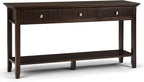 SIMPLIHOME Acadian Console Table - 60 Inch Wide Solid Wood Sofa Table in Brunette Brown, Transitional Storage Table for Entryway or Living Room with 3 Drawers and Open Bottom Shelf