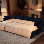 110" Corduroy Pull Out Sofa Bed w/Adjustable Backrests, Sectional U-Shape Sleeper Sofa w/Storage Chaise, Convertible Couch Bed w/USB Charging Port & Cup Holders for Living Room, House, Blue