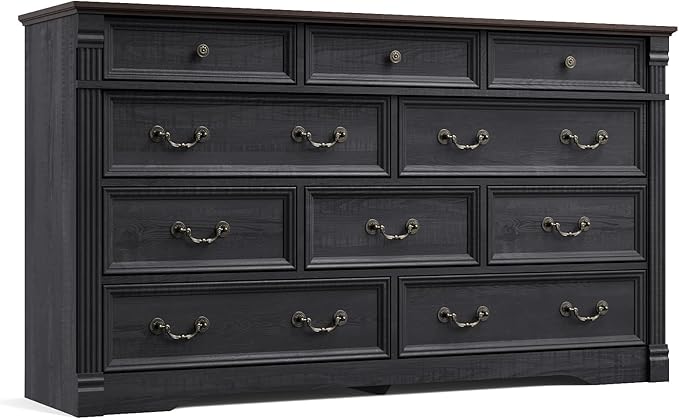 Yaamizz Farmhouse Dresser for Bedroom, 60" Wide 10 Drawer Dressers Storage with Wood Pilasters & Metal Handles, Drawer Organizer for Bedroom, Vintage Design, Hallway, Black