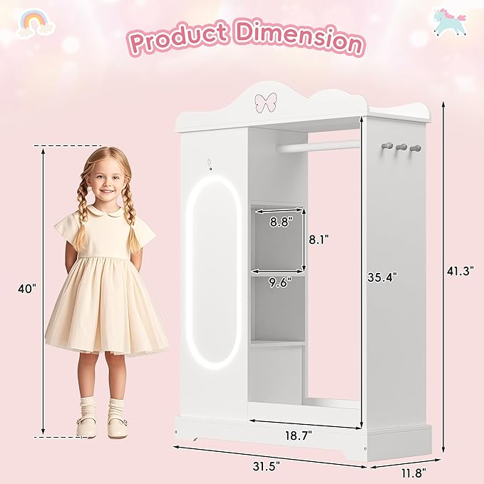 Xilingol Kids Armoire with a Jewelry Cabinet, Princess Dress Up Closet with Mirror, Kids Wardrobe Closet with Storage Shelves, Armoire Costume Organizer for Bedroom, Kids Room, Girl (White)
