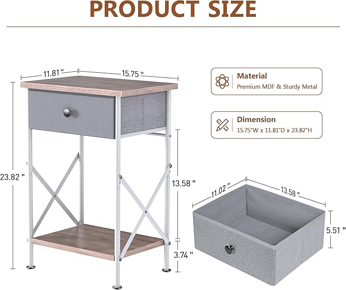VECELO End Tables, Modern Nightstand with Fabric Drawer & Open Shelf, Night Stand for Bedroom Living Room, Industrial Metal Frame, Easy Assembly, Light Brown,2 Pack