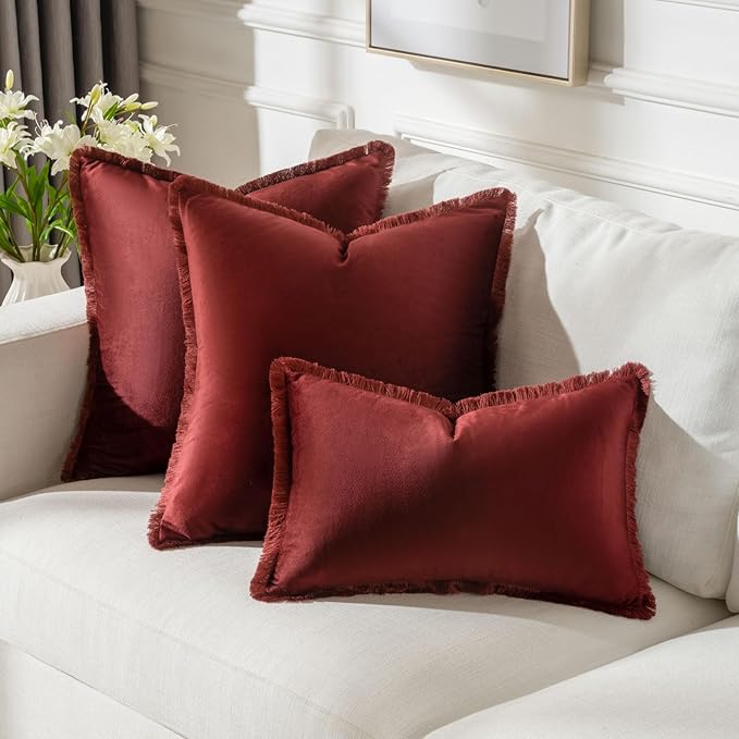 FUTEI Burgundy Velvet Decorative Throw Pillow Covers 18x18 Set of 2,Soft Cozy Edge with Tassels Cushion Case,Boho Modern Home Decor for Couch Bed Living Room