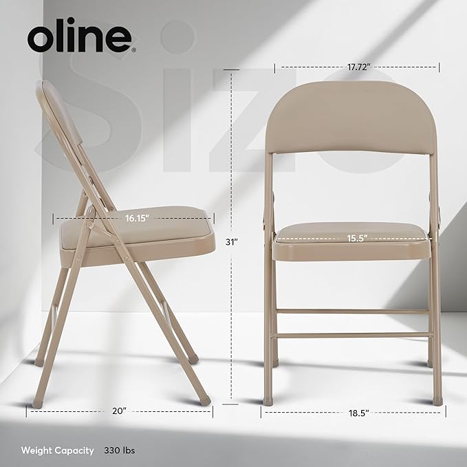 Oline Vinyl Folding Chairs, Padded Vinyl Cushion Chairs with Durable Metal Frame, Indoor Outdoor Stackable Foldable Guest Chairs for Office Wedding Kitchen Dining, 300lb Capacity (Khaki, 6 Pack)