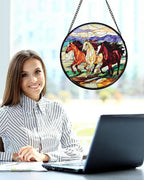 Stained Glass Window Hanging, Galloping Horses Sun Catcher for Door Home Decor Colorful Suncatcher Christmas Mother's Day Birthday Gifts for Women Men Mom and Nana 6.3 in