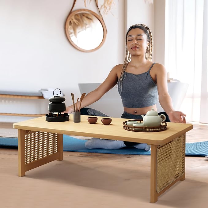 Foldable Japanese Floor Table Lightweight,No Assembly Required, Eco-Friendly Wood,Low Table for Sitting on the Floor, Perfect for Tatami,Meditation,Living Room Use (Natural Wood Color, 47.24 INCH)