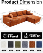 108" Cloud Sectional Couch,Modern Modular Sectional Sofa with Deep Seat,Corduroy Boneless Couches with L-Shape Chaise for Living Room,No Assembly Required (Orange, Right Facing Chaise)