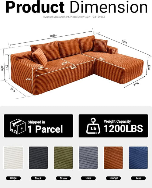 108" Cloud Sectional Couch,Modern Modular Sectional Sofa with Deep Seat,Corduroy Boneless Couches with L-Shape Chaise for Living Room,No Assembly Required (Orange, Right Facing Chaise)