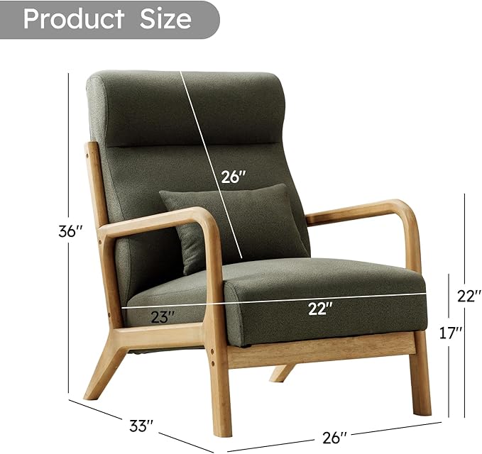 Accent Chair Mid Century Modern Chair Linen Fabric Living Room Chairs with Solid Wood Frame Comfy Upholstered and Lumbar Pillow Reading Side Chair Easy Assembly for Bedroom (1, Green)