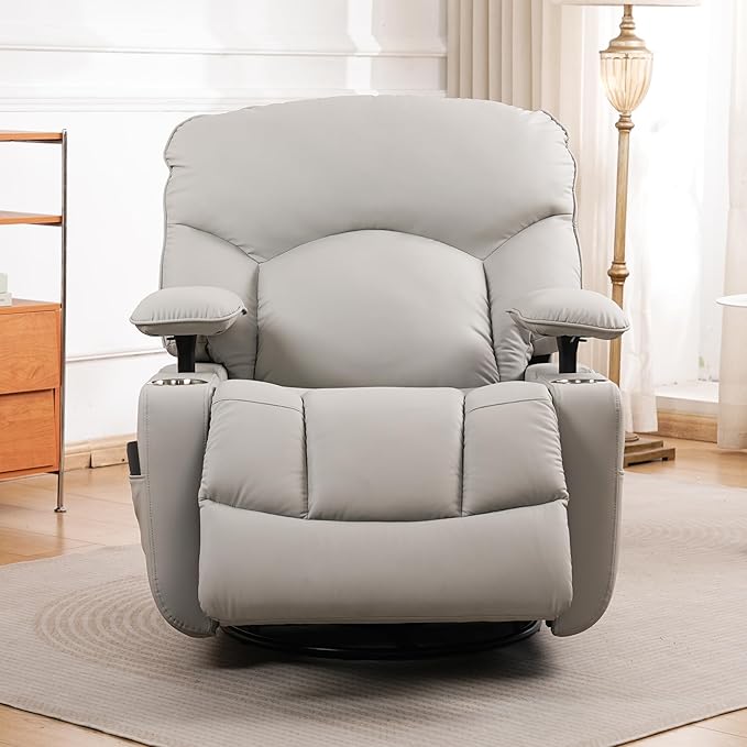 GRAINELL Rocking Chair Nursery, Electric Swivel Recliner Glider with Adjustable Armrests, Nursing Chair with USB Charger, Cup & Blanket Holders,Grey PU Leather