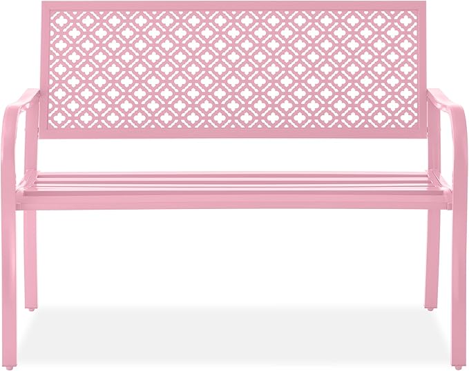 Best Choice Products Outdoor Bench 2-Person Metal Steel Benches Furniture for Garden, Patio, Porch, Entryway w/Geometric Backrest, 790lb Capacity - Pink