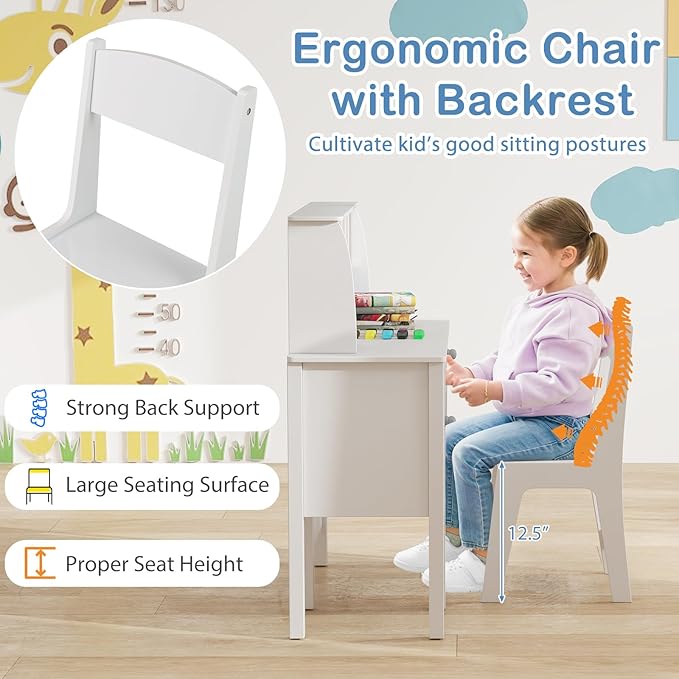 Costzon Kids Desk and Chair Set, Wooden Children Study Desk w/Hutch, Large Cabinet and Drawer for Home School Writing, Reading & Drawing, Computer Workstation Student Table and Chair for 3+ (White)