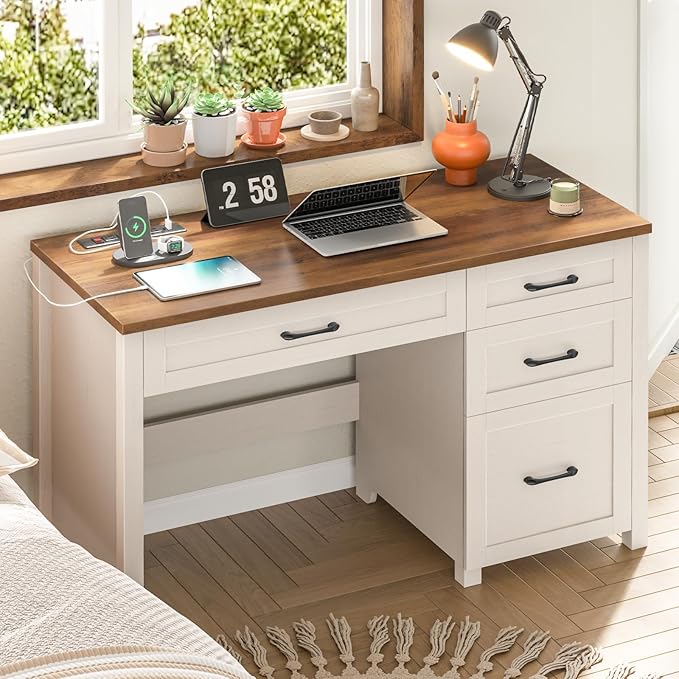 Vabches Farmhouse 47" Executive Desk with 4 Drawers, Computer Desk with File Drawer and Charging Station, Workstation for Home Office, Study.（Unique White）