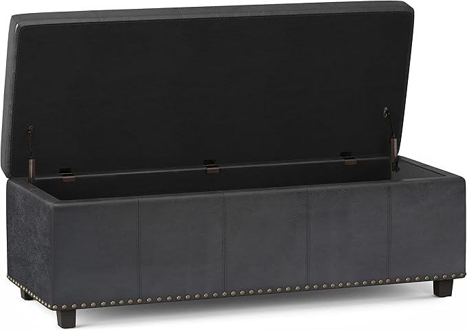 SIMPLIHOME Kingsley 48 inch Wide Transitional Rectangle Large Storage Ottoman in Distressed Black Vegan Faux Leather, Assembled for the Living Room, Entryway and Family Room
