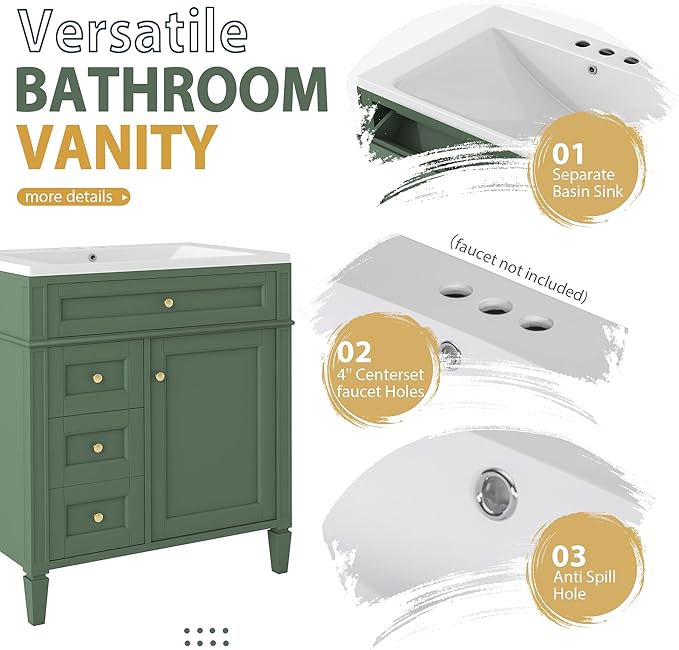 30" Bathroom Vanity with Matching Medicine Cabinet, Modern Sink Storage Cabinet with Drawers, Soft Closing Doors and Shelf, Bathroom Vanities with Sink & Mirror