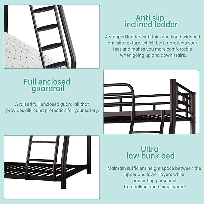 Metal Twin Over Full Bunk Bed，Bunk Beds Twin Over Full Size with Removable Wide Ladder and Full-Length Guardrail，Low Full BunkBeds Frame Heavy Duty steel Slat Support For Adults Kids and Young Teens