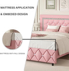 BarnFurin King Size Bed Frame, Faux Leather Upholstered Bed with Diamond Tufted Headboard, Modern King Size Bed with Wooden Slats Support, No Box Spring Required, Easy Assembly, Pink
