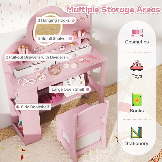 HONEY JOY Kids Vanity with Lights and Open Bookshelf, Cloud Princess Makeup Dressing Desk, Drawers, Wooden Pretend Play Toddler Vanity Table & Chair Set with Lighted Mirror for Little Girls (Pink)