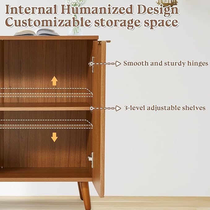 Fluted Storage Cabinet with Doors, Wood Sideboard Buffet Cabinet with Adjustable Shelf, Modern Accent for Living Room, Entryway (Set of 3, Brown)
