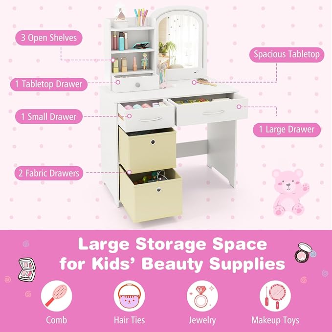 GLACER Kids Vanity Table and Chair Set, Princess Makeup Vanity Desk with 5 Drawers, Open Shelves, Mirror, 2-Color LED Lights, Wooden Toddler Vanity, Pretend Play Vanity Set for Little Girls (White)