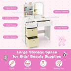 GLACER Kids Vanity Table and Chair Set, Princess Makeup Vanity Desk with 5 Drawers, Open Shelves, Mirror, 2-Color LED Lights, Wooden Toddler Vanity, Pretend Play Vanity Set for Little Girls (White)