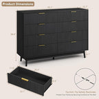 CARPETNAL Fluted 8 Drawer Dresser for Bedroom, 55" Wide Wooden Chest of Drawers with Rounded Corners, Gold Handles, Modern Storage Organizer for Bedroom, Hallway(Black)