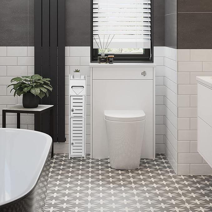 TuoxinEM Storage Cabinet for Small Spaces, Over The Toilet Cabinet for Skinny Bathroom Storage Corner Floor, Slim Paper Holder with 2 Doors & Shelves (White)