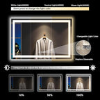 60x40 Inch LED Bathroom Mirror with Lights Front and Backlit Lighted Vanity Mirror for Bathroom Wall with 3 Colors Dimmable Anti-Fog Memory Shatter-Proof IP54 Waterproof Horizontal/Vertical