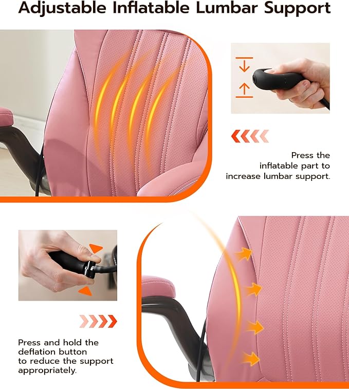 Office Desk Chair, Ergonomic Computer Chair with Padded Flip-Up Arms and Adjustable Lumbar Support, PU Leather Executive Chair with Tilt Lock and 360° Swivel Rolling Wheels for Work, Study