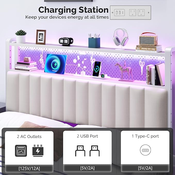 VINGLI King Size Headboard Only, Adjustable Upholstered Headboard with 2 Tier Shelves and Pegboard with Charging Stations and LED Lights, Modern Bed Headboard with Storage for Bedroom Decor